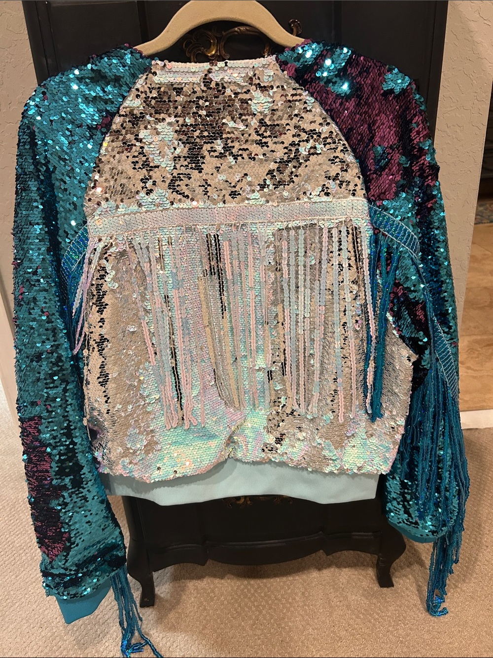 AKIRA Iridescent Sequin Bomber Jacket - Aqua, Pearl & Teal perfect condition